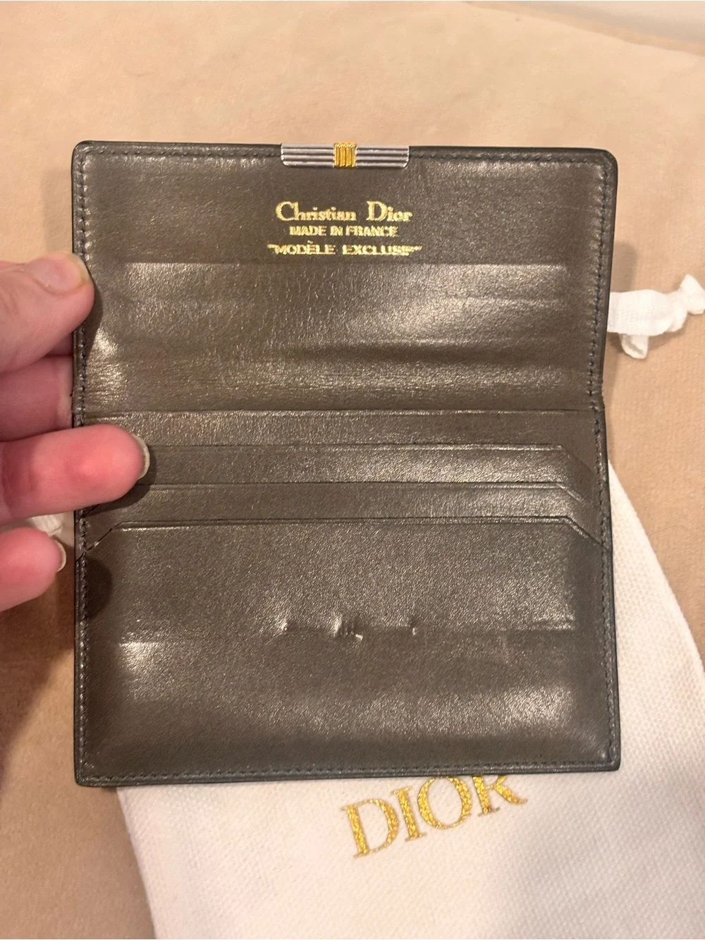 DIOR Vintage 80’s Gray Slim Leather Card Holder Wallet W/ Dustbag